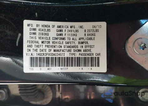 2013 Honda Accord Ex-L V-6 из США, поврежденный, VIN 1HGCR3F80DA034572